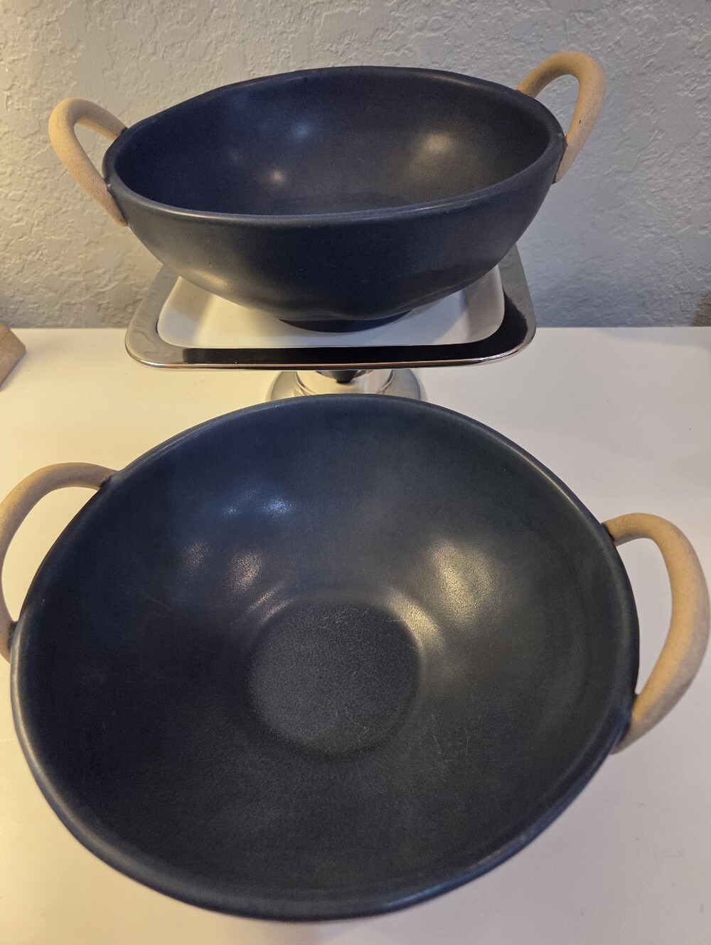 Blue Ceramic Stoneware Serving Bowls with Tan Handles - Threshold